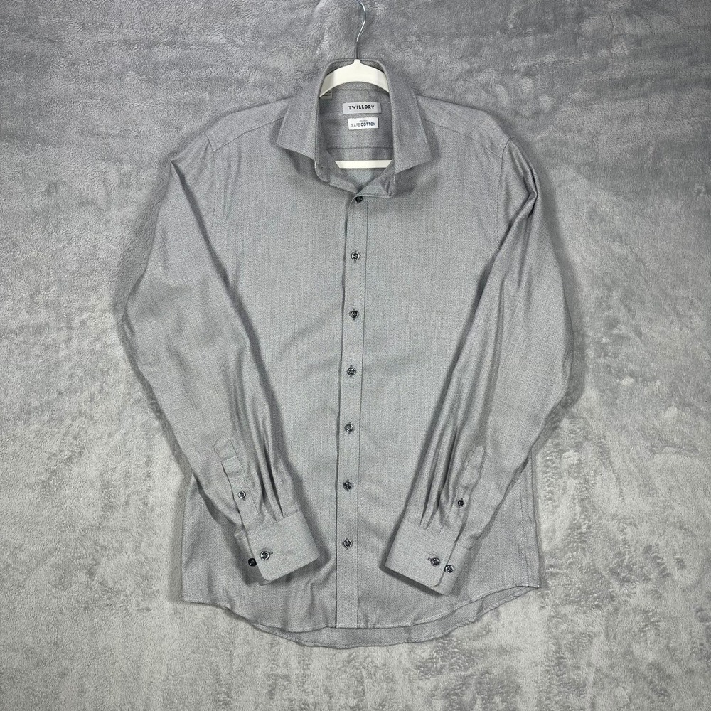Twillory Dress Shirt Mens 15.5 34/35 Grey Herringbone Tailored Fit Safe Cotton